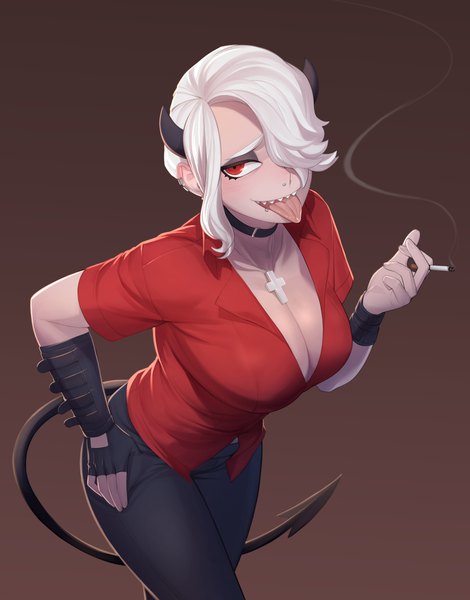 Anime picture 4230x5400 with helltaker zdrada (helltaker) jdw single tall image looking at viewer fringe highres short hair breasts light erotic simple background red eyes large breasts absurdres cleavage white hair tail horn (horns) hair over one eye