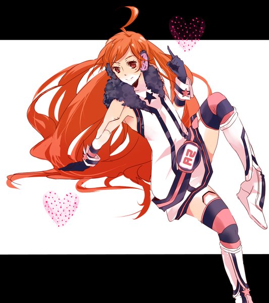 Anime picture 1500x1688 with vocaloid miki (vocaloid) single long hair tall image looking at viewer simple background red eyes ahoge red hair girl thighhighs gloves heart headphones star (symbol) striped thighhighs