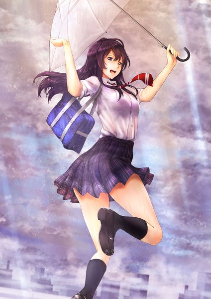 Anime picture 900x1273 with original konekoneko (indonesia) single long hair tall image looking at viewer blush fringe open mouth hair between eyes standing holding brown eyes payot sky purple hair cloud (clouds) ahoge bent knee (knees) outdoors