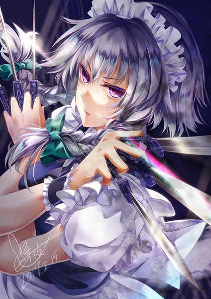 Anime picture 600x849 with touhou izayoi sakuya tyouya single tall image looking at viewer short hair purple eyes signed silver hair braid (braids) maid twin braids dated crossed arms fighting stance girl uniform bow hair bow