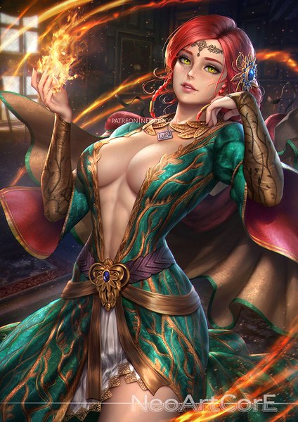 Anime picture 800x1132 with the witcher the witcher 3 wild hunt triss merigold nudtawut thongmai single tall image looking at viewer short hair breasts light erotic large breasts standing signed yellow eyes red hair indoors braid (braids) parted lips lips realistic