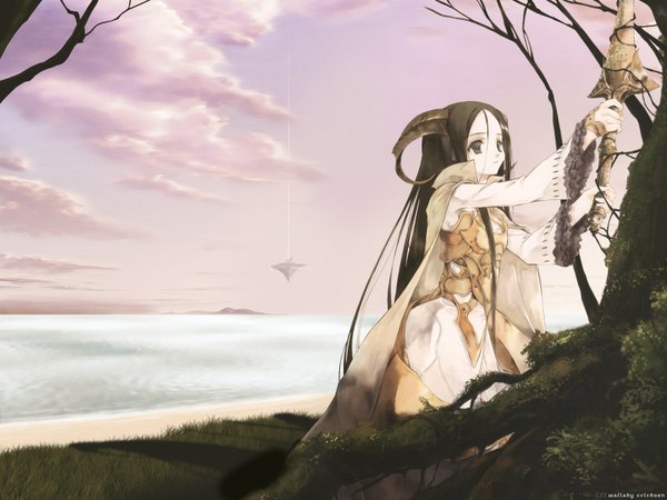 Anime picture 1600x1200 with original sumi keiichi single long hair brown hair sky cloud (clouds) horn (horns) black eyes wallpaper kneeling looking up floating island girl weapon plant (plants) sword tree (trees) sea island