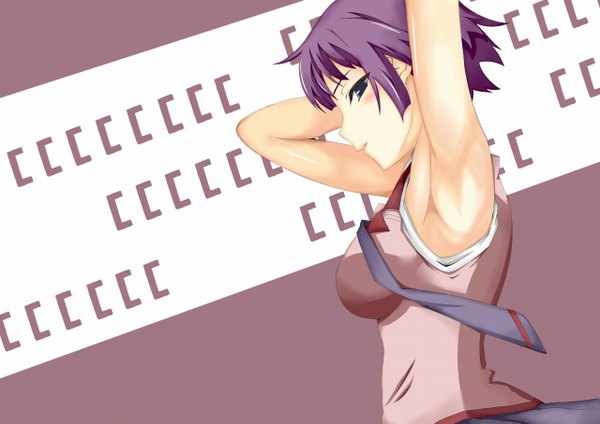 Anime picture 1280x905 with bakemonogatari nisemonogatari shaft (studio) monogatari (series) senjougahara hitagi single blush short hair blue eyes purple hair armpit (armpits) girl necktie