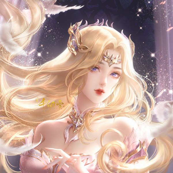 Anime picture 1500x1500 with douluo continent qian renxue (douluo dalu) kaka kk single long hair looking at viewer breasts blue eyes blonde hair bare shoulders realistic sparkle copyright name floating hair portrait girl detached collar feather (feathers) circlet