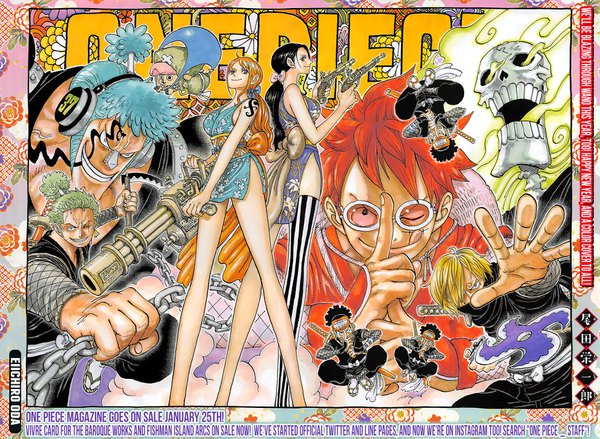 Anime picture 1776x1300 with one piece toei animation nami (one piece) monkey d. luffy nico robin roronoa zoro sanji tony tony chopper usopp franky brook (one piece) oda eiichirou long hair looking at viewer fringe highres short hair blonde hair smile hair between eyes