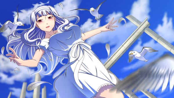 Anime picture 2000x1125 with idolmaster shijou takane emanon123 single long hair blush highres open mouth red eyes wide image cloud (clouds) white hair girl dress animal hairband bird (birds) feather (feathers)