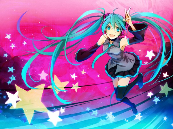 Anime picture 1200x898 with vocaloid hatsune miku ria single long hair open mouth smile twintails bare shoulders aqua eyes aqua hair girl thighhighs black thighhighs detached sleeves necktie star (symbol) thigh boots