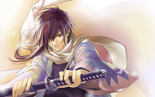 Anime picture 2560x1600 with hakuouki shinsengumi kitan studio deen saito hajime rideonmusic single long hair highres open mouth blue eyes wide image purple hair ponytail japanese clothes shinsengumi boy weapon sword scarf katana