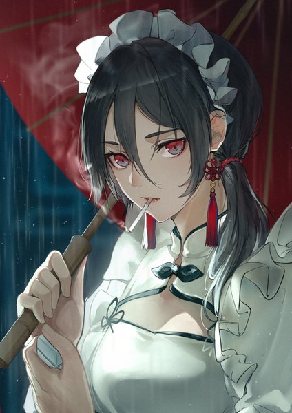 Anime picture 2782x3936 with original marumoru single long hair tall image looking at viewer fringe highres breasts black hair hair between eyes red eyes holding payot cleavage upper body outdoors puffy sleeves mouth hold side ponytail
