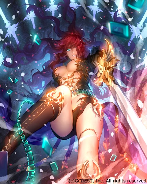 Anime picture 1024x1280 with original tayuya1130 single long hair tall image looking at viewer fringe breasts blue eyes light erotic cleavage red hair hair over one eye wavy hair girl weapon sword boots