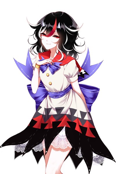 Anime picture 2000x3000 with touhou kijin seija sheya single tall image looking at viewer fringe highres short hair black hair simple background smile hair between eyes red eyes white background nail polish multicolored hair streaked hair girl dress