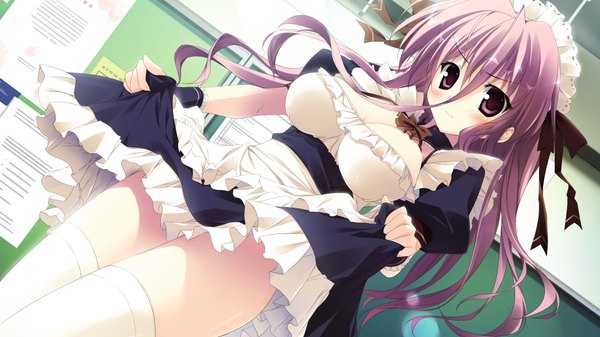 Anime picture 1024x576 with ikinari anata ni koishiteiru onigase tane long hair blush light erotic wide image purple eyes game cg purple hair maid girl thighhighs white thighhighs