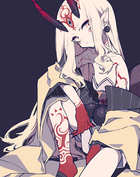 Anime picture 1736x2189 with fate (series) fate/grand order ibaraki douji (fate) mochizuki kei single long hair tall image looking at viewer highres light erotic simple background sitting yellow eyes white hair horn (horns) pointy ears off shoulder tattoo black background slit pupils