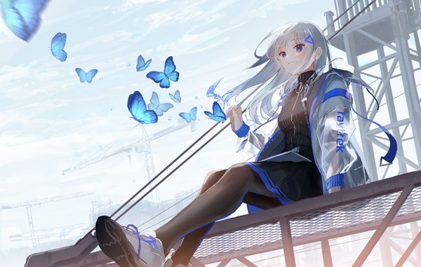 Anime picture 5280x3353 with original oyuyu single long hair blush fringe highres blue eyes smile sitting looking away absurdres sky cloud (clouds) full body bent knee (knees) outdoors pleated skirt wind grey hair