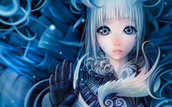 Anime picture 2506x1566 with original youtsuu single long hair looking at viewer fringe highres blue eyes blonde hair wide image girl gloves black gloves hand