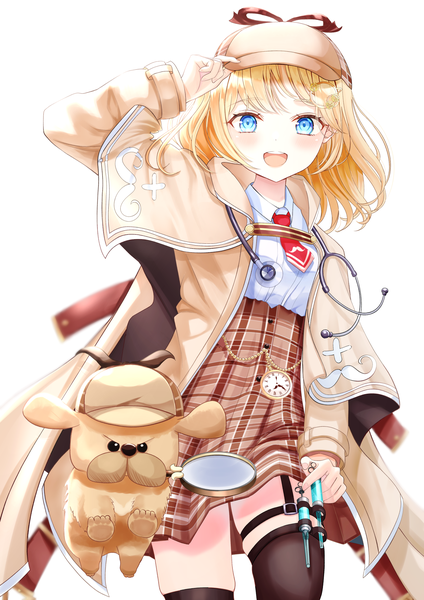 Anime picture 1654x2339 with virtual youtuber hololive hololive english watson amelia bubba (watson amelia) sakura yunuto single tall image looking at viewer blush short hair open mouth blue eyes simple background blonde hair white background :d adjusting hat girl thighhighs
