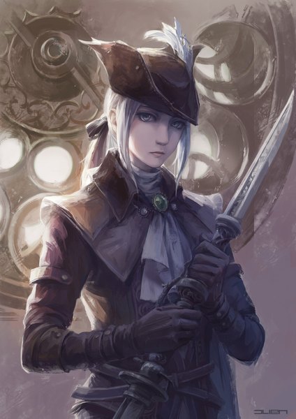 Anime picture 1480x2093 with bloodborne bloodborne: the old hunters from software lady maria of the astral clocktower jlien- single tall image looking at viewer short hair standing holding signed payot upper body white hair ponytail head tilt grey eyes portrait serious
