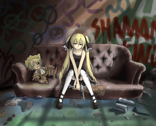 Anime picture 1212x981 with shaman king xebec marion phauna chak haruba-to (artist) single long hair blonde hair sitting twintails bare shoulders green eyes graffiti girl thighhighs dress hair ornament bow weapon hair bow