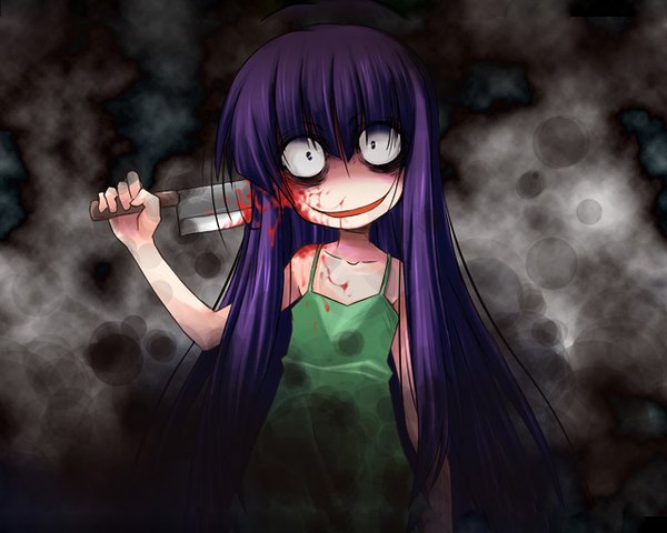 Anime picture 1280x1024 with higurashi no naku koro ni studio deen furude rika long hair purple hair guro murder girl weapon blood sundress knife