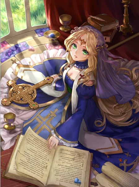 Anime picture 723x966 with monogo single tall image looking at viewer breasts blonde hair sitting holding green eyes cleavage indoors very long hair long sleeves parted lips from above sunlight wide sleeves shadow puffy sleeves girl