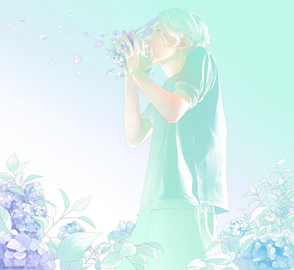 Anime picture 1080x991 with original re (artist) single short hair simple background standing holding blue hair looking away from below blue background twisty sleeves boy flower (flowers) shirt