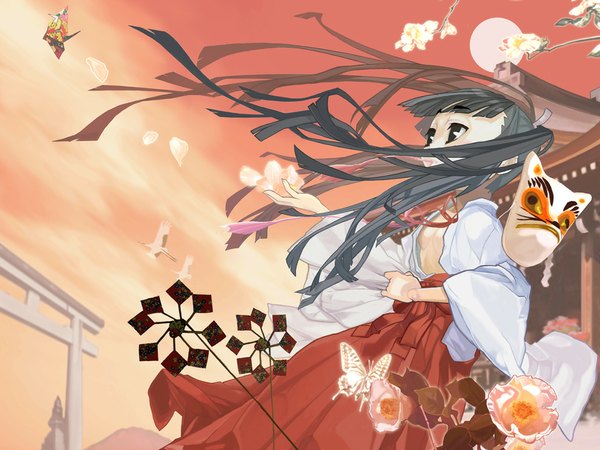 Anime picture 1024x768 with original yuuki (irodo rhythm) long hair breasts light erotic black hair twintails japanese clothes open clothes open shirt sideboob evening flat chest sunset miko flower (flowers) mask origami