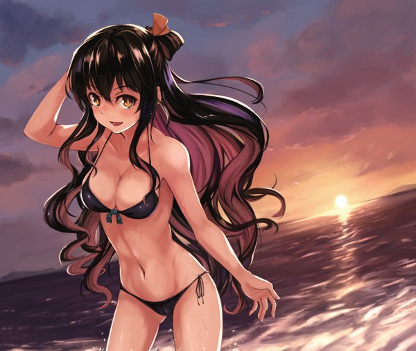 Anime picture 2600x2200 with kantai collection naganami destroyer maki (maki pei) single long hair looking at viewer highres breasts open mouth light erotic black hair pink hair wet orange eyes beach evening cameltoe sunset girl swimsuit