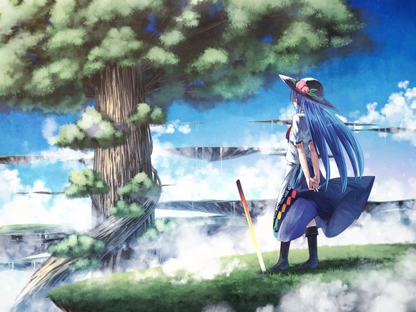 Anime picture 1600x1200 with touhou hinanawi tenshi ibuki notsu single long hair red eyes blue hair looking away cloud (clouds) wallpaper hands behind back scenic floating island girl skirt weapon plant (plants) hat shirt sword