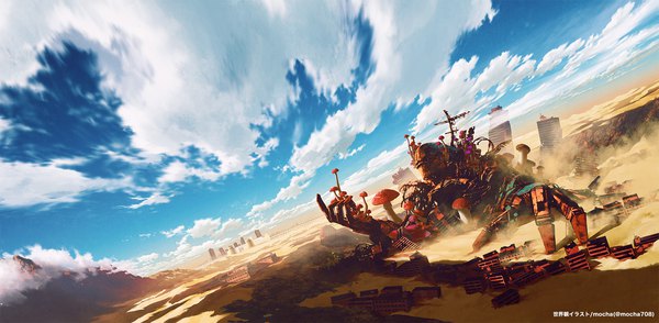 Anime picture 1800x882 with sabikui bisco mocha (cotton) highres wide image signed sky cloud (clouds) outdoors official art dutch angle city mountain no people sand ruins desert robot mecha mushroom (mushrooms)