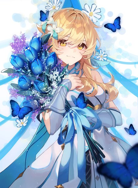 Anime picture 2280x3094 with genshin impact lumine (genshin impact) shotgunman single long hair tall image fringe highres blonde hair hair between eyes yellow eyes hair flower girl dress flower (flowers) ribbon (ribbons) insect butterfly bouquet tulip