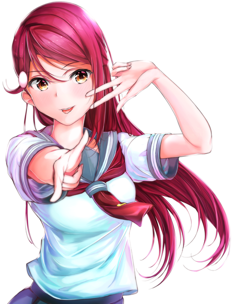 Anime picture 1385x1785 with love live! sunshine!! sunrise (studio) love live! sakurauchi riko soy 0000 single long hair tall image looking at viewer blush fringe simple background smile hair between eyes white background yellow eyes upper body red hair short sleeves floating hair