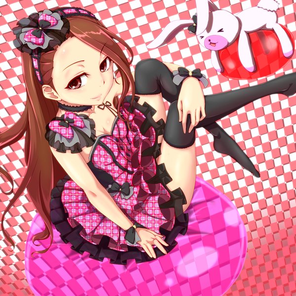 Anime picture 1250x1250 with idolmaster minase iori clearite single long hair smile red eyes brown hair no shoes checkered background girl thighhighs dress bow black thighhighs bunny