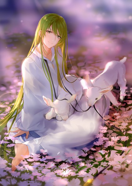 Anime picture 2480x3508 with fate (series) fate/strange fake enkidu (fate) rrr (reason) single tall image looking at viewer fringe highres sitting green eyes full body very long hair head tilt barefoot green hair wariza androgynous boy flower (flowers)