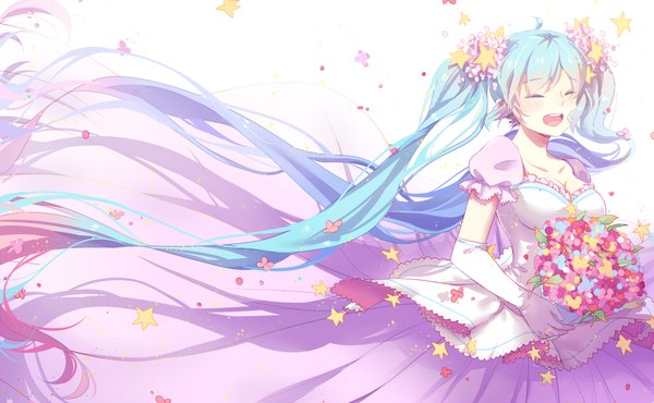 Anime picture 1200x741 with vocaloid hatsune miku mame (yangqi787) single blush fringe breasts wide image white background holding cleavage very long hair multicolored hair hair flower two-tone hair happy wedding girl dress gloves