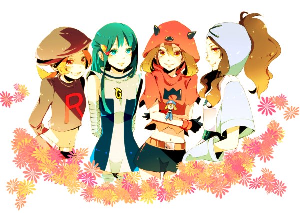 Anime picture 1200x850 with pokemon pokemon black and white pokemon heartgold and soulsilver pokemon rse nintendo hilda (pokemon) dawn (pokemon) may (pokemon) lyra (pokemon) team rocket grunt tagme (artist) long hair short hair blonde hair smile red eyes brown hair white background twintails multiple girls