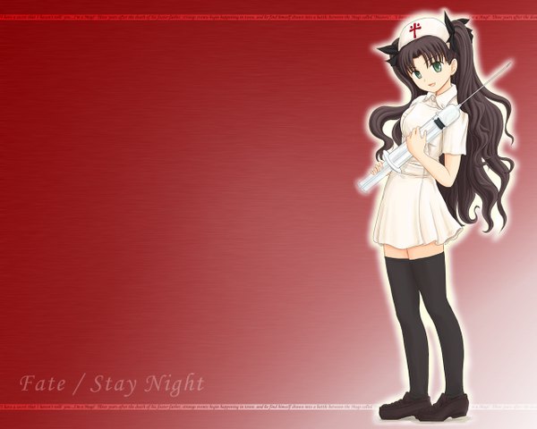 Anime picture 1280x1024 with fate (series) fate/stay night studio deen type-moon toosaka rin two side up red background cosplay nurse
