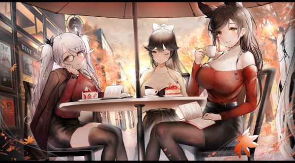 Anime picture 5484x3028 with azur lane formidable (azur lane) prinz eugen (azur lane) atago (azur lane) takao (azur lane) para3318 long hair looking at viewer blush fringe highres breasts smile hair between eyes brown hair wide image large breasts sitting bare shoulders multiple girls