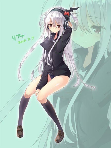 Anime picture 650x866 with original liana (mishima kurone) mishima kurone single long hair tall image blush fringe light erotic red eyes sitting silver hair bent knee (knees) hand on headphones girl socks jacket headphones knee socks