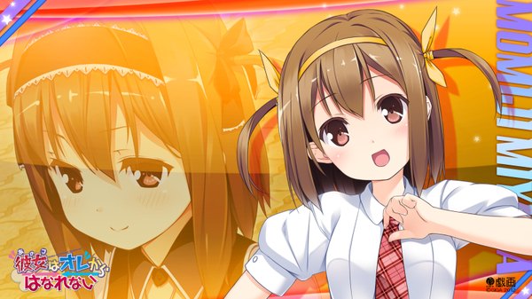 Anime picture 1600x900 with ano ko wa ore kara hanarenai giga miyama momiji blush short hair open mouth brown hair wide image twintails brown eyes game cg short twintails girl uniform school uniform hairband