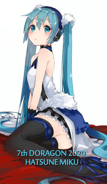 Anime picture 586x1000 with 7th dragon 2020 vocaloid hatsune miku kou mashiro single tall image looking at viewer blush simple background white background sitting twintails bare shoulders aqua eyes watermark girl thighhighs dress black thighhighs headphones