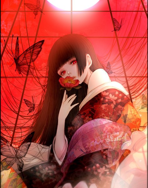 Anime picture 1156x1472 with hell girl studio deen enma ai kuroe (pixiv5268156) single long hair tall image looking at viewer fringe black hair red eyes bare shoulders blunt bangs traditional clothes japanese clothes off shoulder hime cut girl flower (flowers) kimono