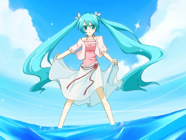 Anime picture 1280x960 with vocaloid hatsune miku haru aki long hair twintails green hair girl water