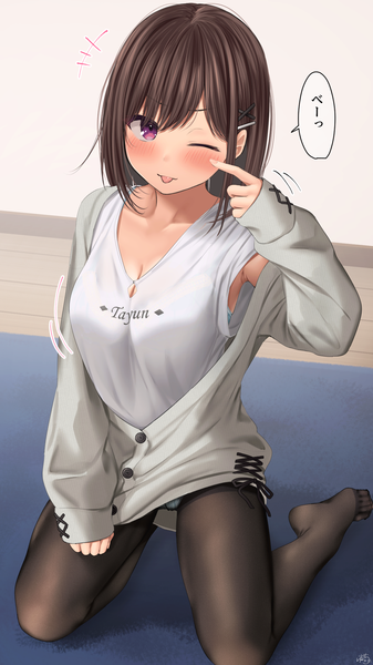 Anime picture 1152x2048 with original childhood friend-chan (ramchi) ramchi single long hair tall image looking at viewer blush fringe breasts light erotic brown hair large breasts purple eyes cleavage full body long sleeves one eye closed arm up wink