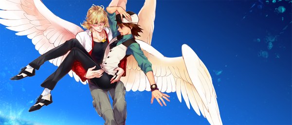 Anime picture 1553x667 with tiger & bunny sunrise (studio) kaburagi t. kotetsu barnaby brooks jr. siruphial short hair open mouth blonde hair brown hair wide image holding brown eyes green eyes sky open clothes open jacket flying angel wings angel boy