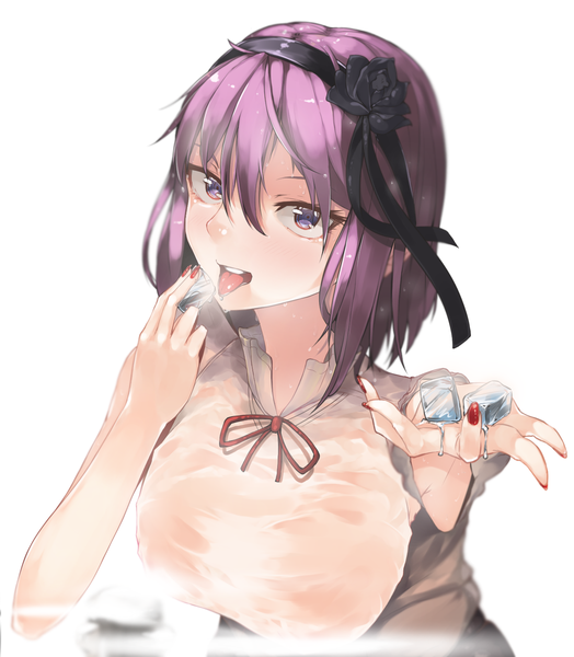 Anime picture 1333x1528 with dagashi kashi feel (studio) shidare hotaru hplay (kyoshinou) single tall image looking at viewer fringe short hair breasts light erotic large breasts purple eyes pink hair upper body outstretched arm girl tongue headband ice cube