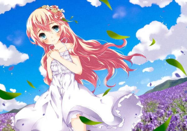 Anime picture 1720x1214 with vocaloid megurine luka tottsuan single long hair blush highres blue eyes bare shoulders pink hair sky cloud (clouds) hair flower girl dress hair ornament flower (flowers) sundress