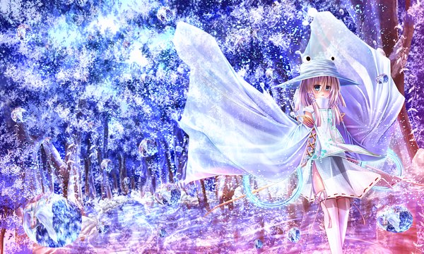 Anime picture 1200x720 with touhou moriya suwako kakigouri single looking at viewer blush short hair open mouth blue eyes blonde hair wide image girl thighhighs dress plant (plants) hat white thighhighs tree (trees)