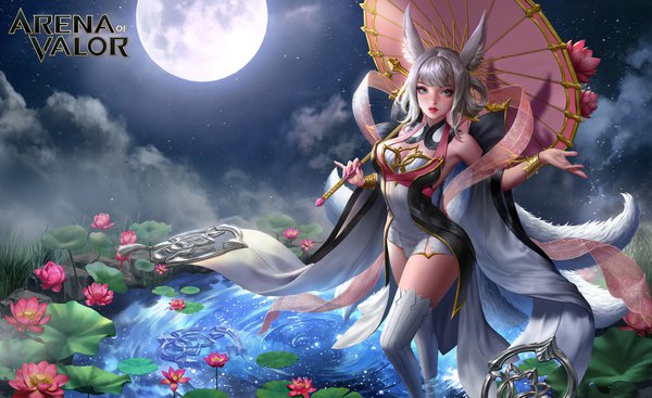 Anime picture 1920x1177 with arena of valor dospi single long hair looking at viewer fringe highres breasts blue eyes wide image standing holding signed animal ears cleavage silver hair cloud (clouds) full body outdoors tail