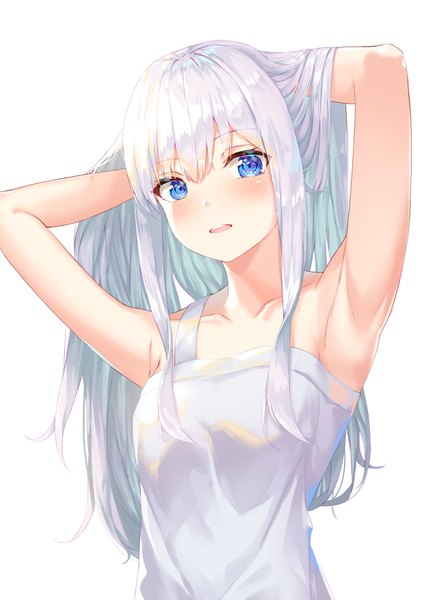 Anime picture 2477x3508 with original kokose single long hair tall image looking at viewer blush fringe highres open mouth blue eyes simple background hair between eyes white background bare shoulders silver hair upper body arms up armpit (armpits) adjusting hair