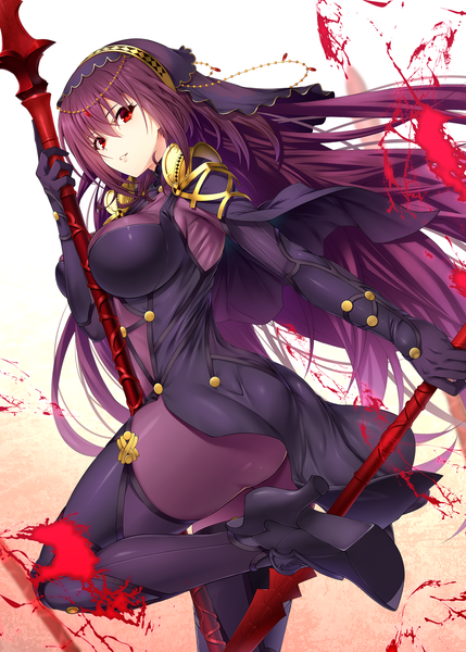 Anime picture 1287x1800 with fate (series) fate/grand order scathach (fate) (all) scathach (fate) emanon123 single long hair tall image looking at viewer fringe breasts light erotic simple background hair between eyes red eyes large breasts standing holding payot purple hair